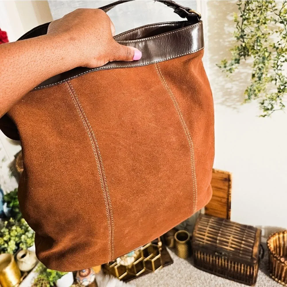 Tignanello Brown Suede Stylish Hobo Handbag.